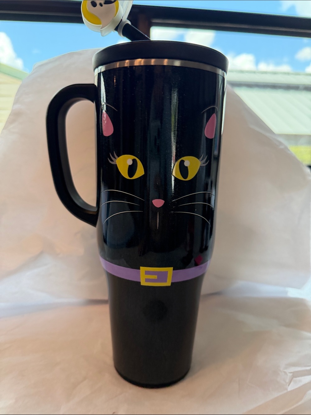 Swig sparkle black cat 43oz Cup with straw topper and stainless steel straw